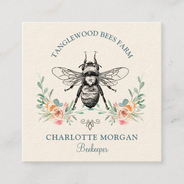 Hand Drawn Honey Bee Beekeeper Apiary Floral Squar Square Business Card (Front)