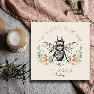 Hand Drawn Honey Bee Beekeeper Apiary Floral Square Business Card