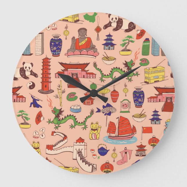 Hand-drawn Hong Kong motifs: seamless pattern Large Clock (Front)