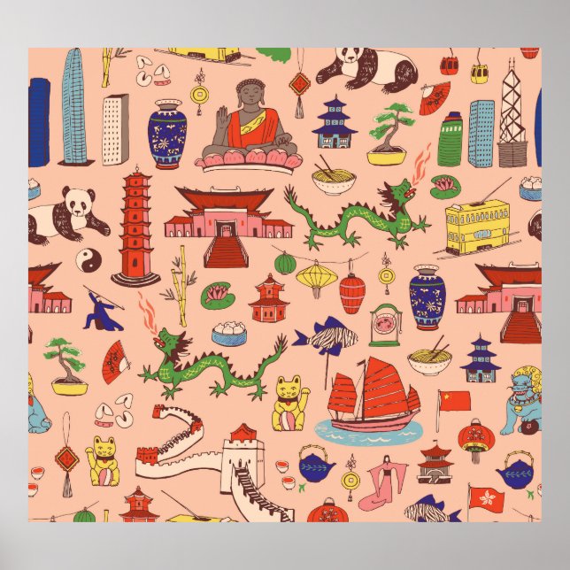 Hand-drawn Hong Kong motifs: seamless pattern Poster (Front)