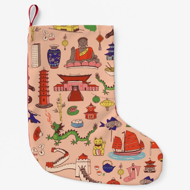 Hand-drawn Hong Kong motifs: seamless pattern Small Christmas Stocking (Front)