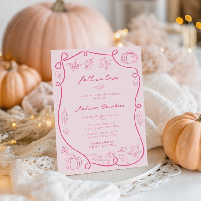 Hand Drawn Hot Pink Fall In Love Bridal Shower Invitation (Fall in Love blush pink and fuchsia wedding shower invite cards featuring handwritten font)