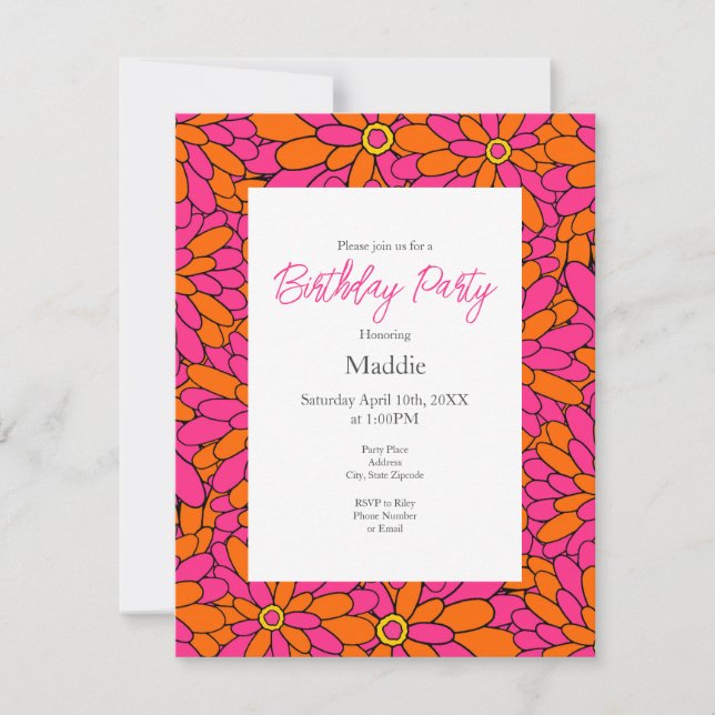 Hand Drawn Hot Pink Orange Zinnia Abstract Pattern Invitation (Front)