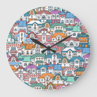 Hand-Drawn Houses: Colourful Vintage Pattern Large Clock
