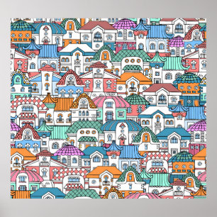 Hand-Drawn Houses: Colourful Vintage Pattern Poster