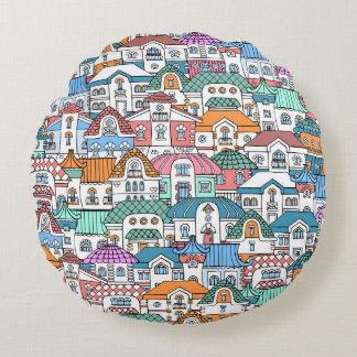 Hand-Drawn Houses: Colourful Vintage Pattern Round Cushion