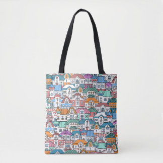 Hand-Drawn Houses: Colourful Vintage Pattern Tote Bag