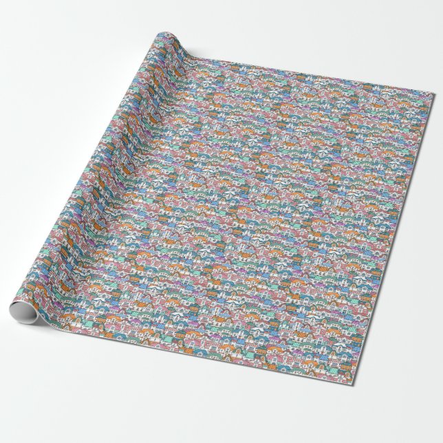 Hand-Drawn Houses: Colourful Vintage Pattern Wrapping Paper (Unrolled)