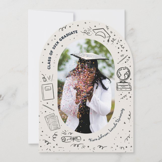 Hand-Drawn Illustrated Arch-Shaped Graduation Invitation (Front)