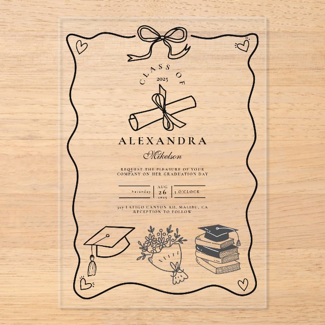 Hand Drawn Illustrated Black & White Grad Acrylic Invitations (Front)