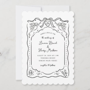 Hand Drawn Illustrated Ink Cherub Hearts Ribbons Invitation