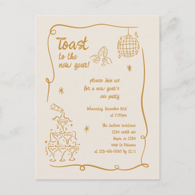 Hand Drawn Illustrated New Years Eve Party Holiday Postcard (Front)
