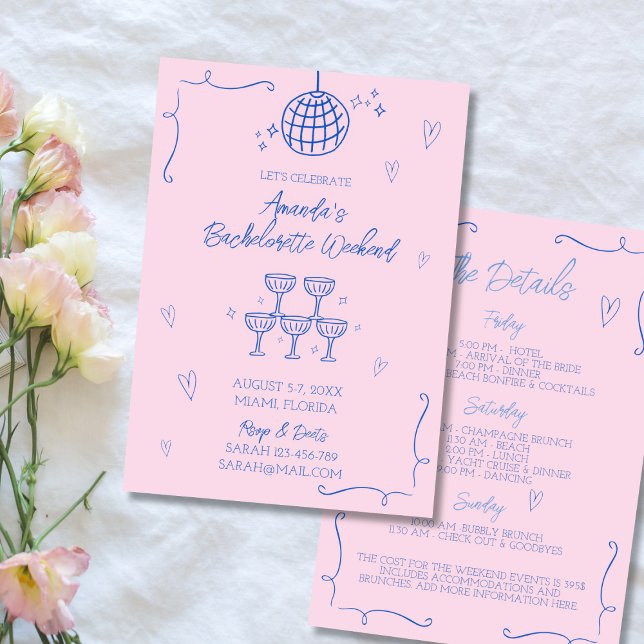 Hand Drawn Illustrated Pink & Blue Bachelorette Invitation (Hand Drawn Illustrated Pink & Blue Bachelorette Invitation weekend itinerary)