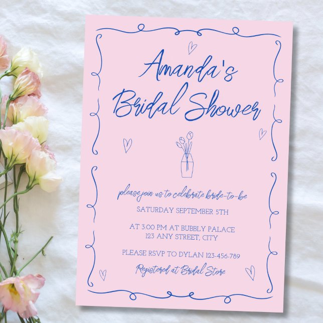 Hand Drawn Illustrated Pink & Blue Bridal Shower Invitation (Hand Drawn Illustrated Pink & Blue Bridal Shower Invitation)