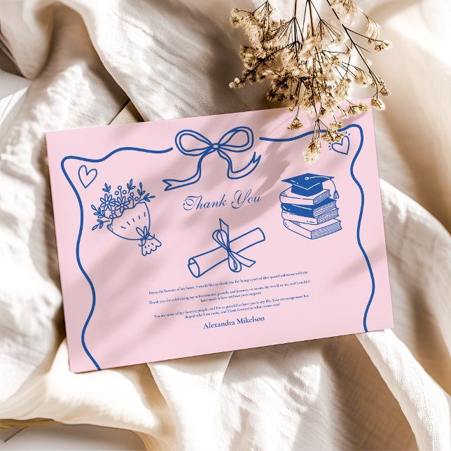 Hand Drawn Illustrated Pink & Blue Graduation Part Thank You Card (Creator Uploaded)