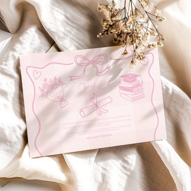 Hand Drawn Illustrated Pink Plaid Graduation Thank You Card (Creator Uploaded)