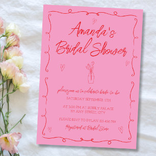 Hand Drawn Illustrated Pink & Red Bridal Shower Invitation
