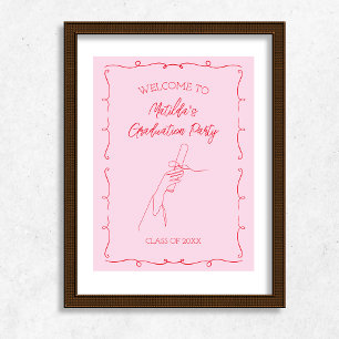 Hand Drawn Illustrated Pink & Red Graduation Party Poster