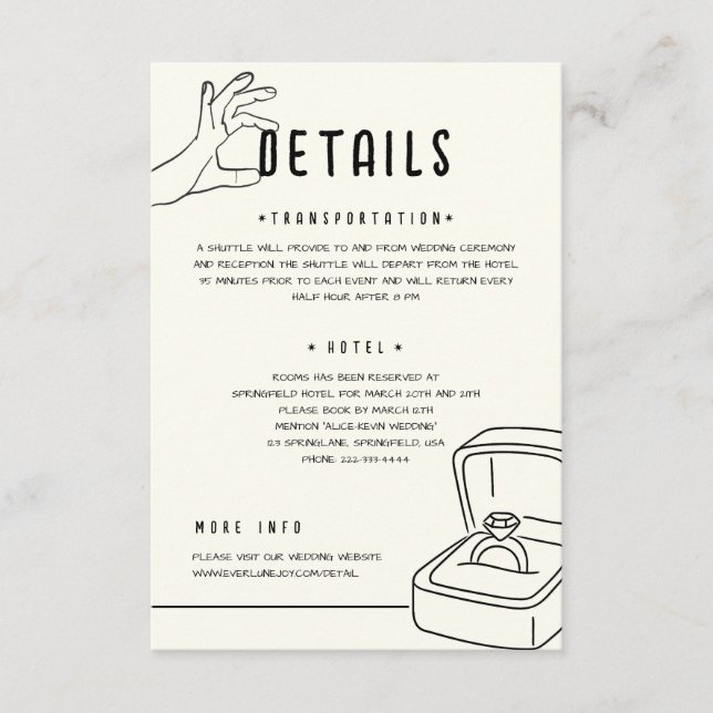 Hand Drawn Illustration Minimalist Wedding Details Enclosure Card (Front)