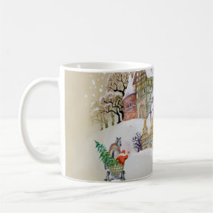 Hand drawn illustration with winter landscape and  coffee mug