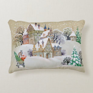 Hand drawn illustration with winter landscape and  decorative cushion
