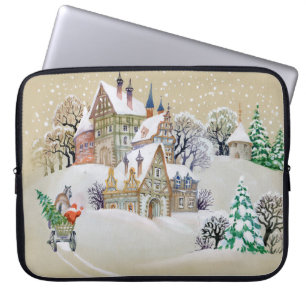 Hand drawn illustration with winter landscape and laptop sleeve