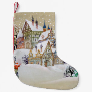 Hand drawn illustration with winter landscape and  small christmas stocking