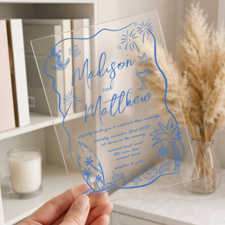 Hand Drawn Illustrations Doodles Beach Wedding  Acrylic Invitations