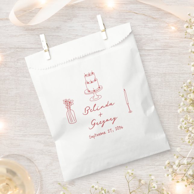 Hand Drawn Illustrations Doodles Maroon Wedding Favour Bags (Clipped)