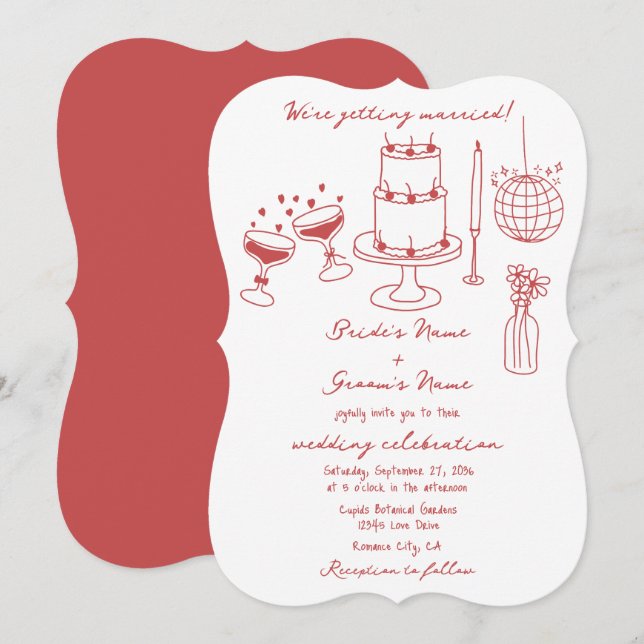Hand Drawn Illustrations Doodles Maroon Wedding Invitation (Front/Back)