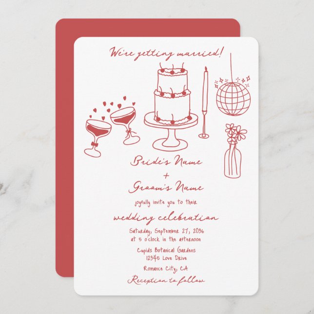 Hand Drawn Illustrations Doodles Maroon Wedding Invitation (Front/Back)