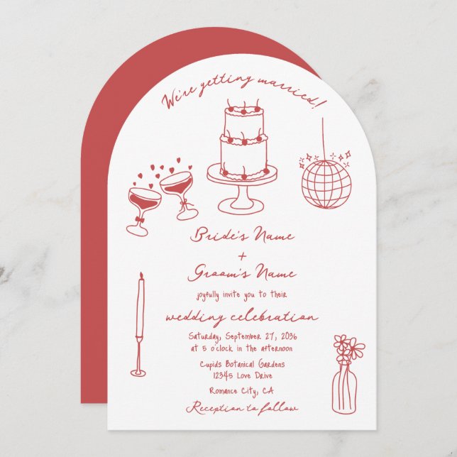 Hand Drawn Illustrations Doodles Maroon Wedding Invitation (Front/Back)