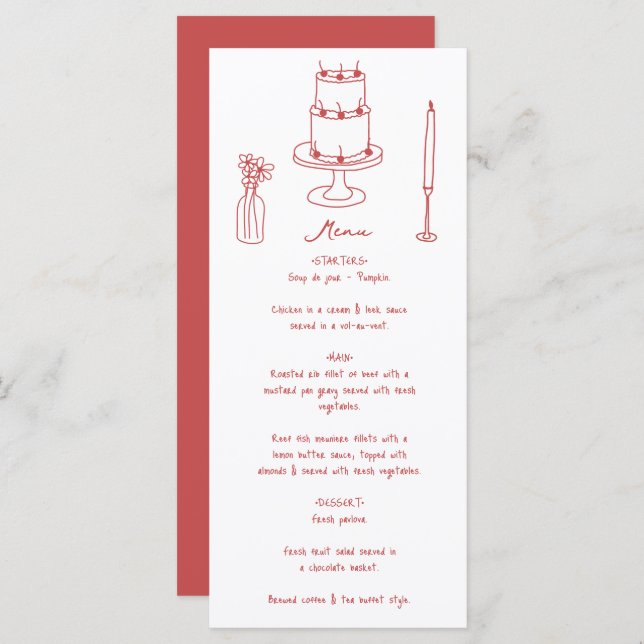 Hand Drawn Illustrations Doodles Maroon Wedding Menu (Front/Back)