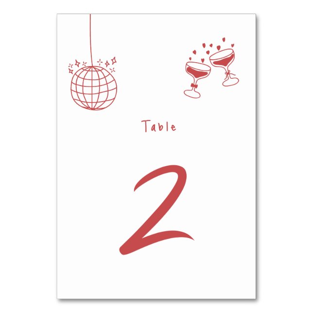 Hand Drawn Illustrations Doodles Maroon Wedding Table Number (Front)