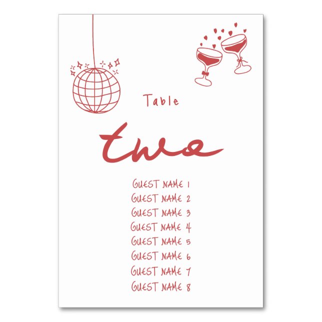 Hand Drawn Illustrations Doodles Maroon Wedding Table Number (Front)