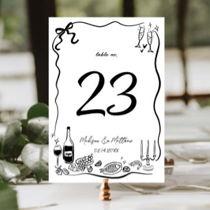 Hand Drawn Illustrations Doodles Wedding Party Table Number