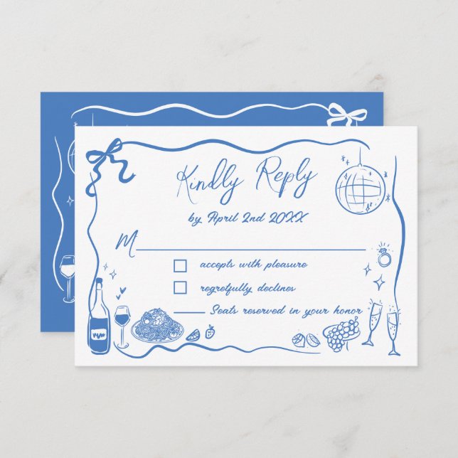 Hand Drawn Illustrations Scribble Doodles Wedding  RSVP Card (Front/Back)