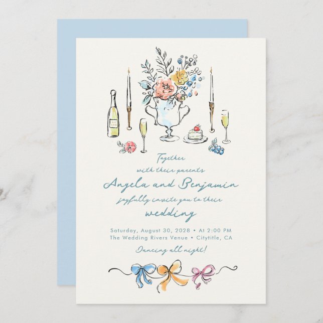 Hand Drawn Illustrations Whimsical French Wedding Invitation (Front/Back)