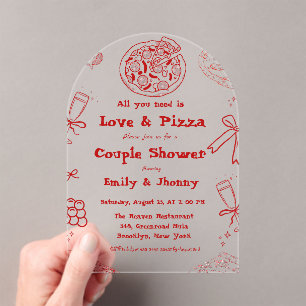 Hand Drawn is love & Pizza Bridal Shower  Acrylic Invitations