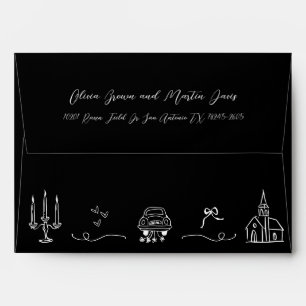Hand drawn Italian Doodle Black and White Wedding Envelope