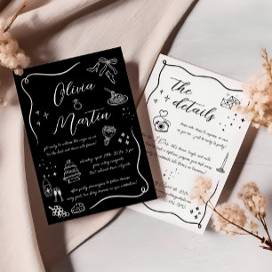 Hand drawn Italian Doodle Black and White Wedding Invitation