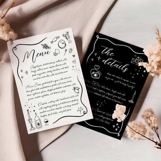Hand drawn Italian Doodle Black and White Wedding Menu (Creator Uploaded)