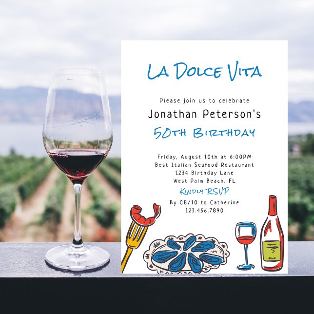 Hand Drawn Italian Seafood Wine 50th Birthday Invitation (Creator Uploaded)