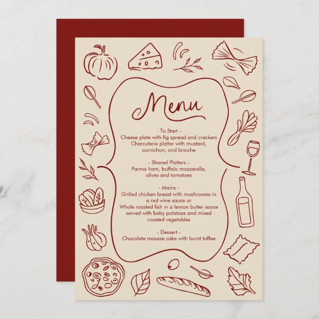 Hand Drawn Italian Style Menu Rustic Red & Cream (Front/Back)