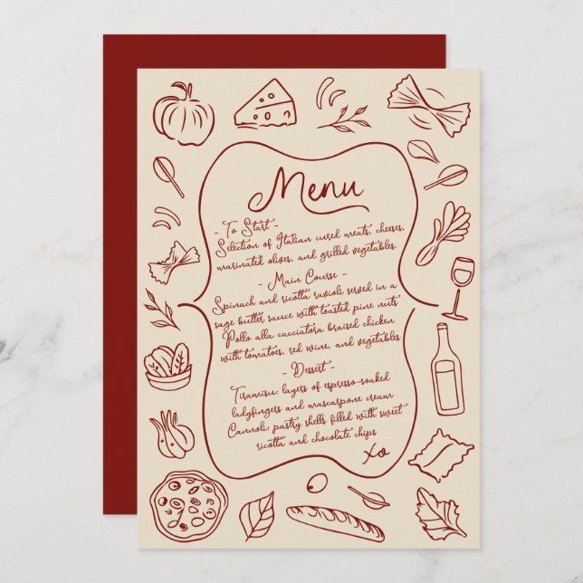 Hand Drawn Italian Wedding Menu (Front/Back)
