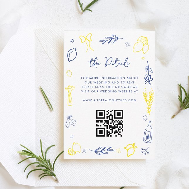 Hand Drawn Italy Lemon QR Code Wedding Details Enclosure Card (Creator Uploaded)