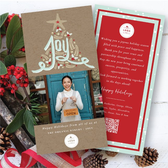 Hand Drawn Joy Calligraphy Foliage Photo Business Holiday Card (Creator Uploaded)