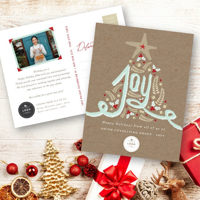 Hand Drawn Joy Calligraphy Rustic Foliage Business Holiday Postcard (Creator Uploaded)