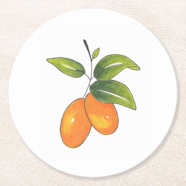 Hand Drawn Kumquats Round Paper Coaster (Front)