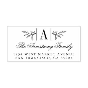 Hand-drawn Laurel Branch Monogram Return Address Rubber Stamp